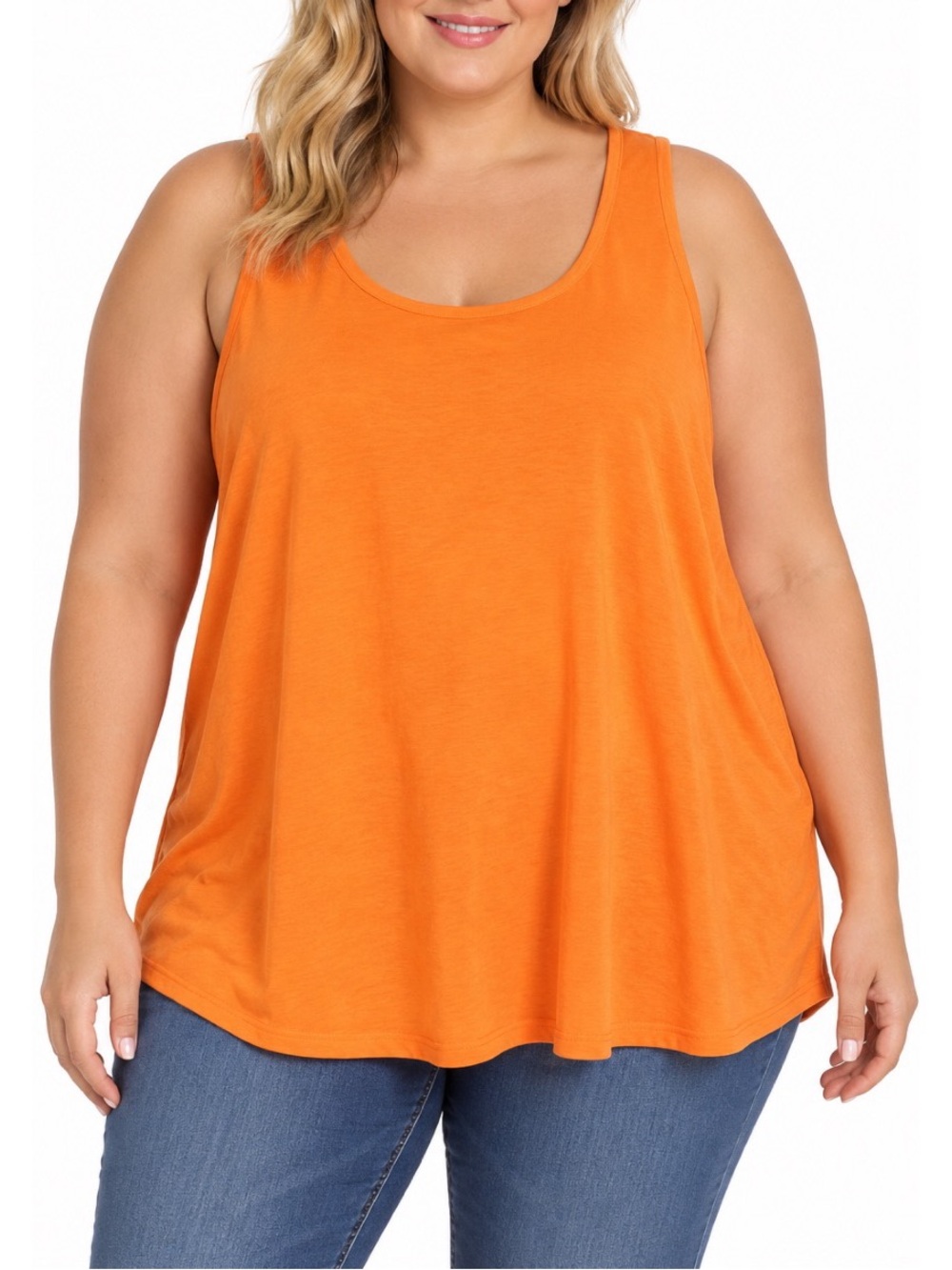 Bella Canvas Bright orange plus-size tank top featuring a classic scoop neckline